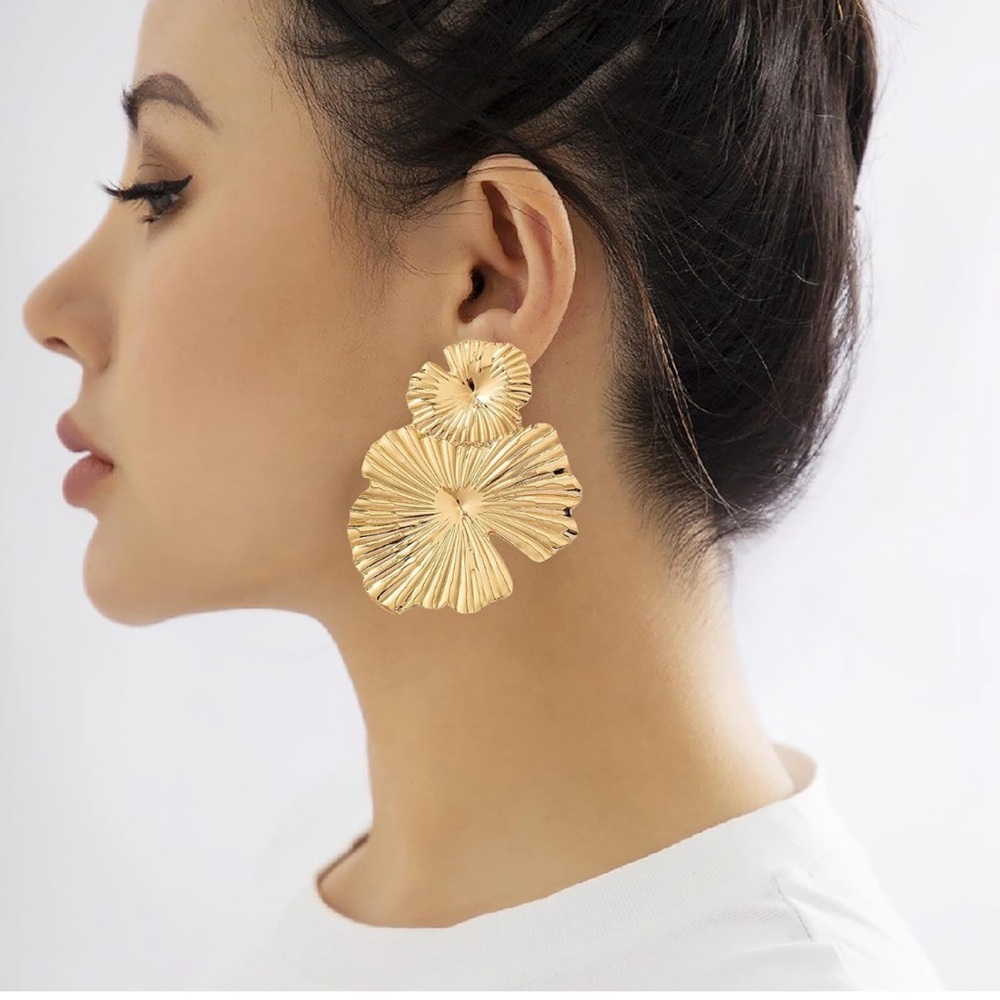 Gold Double Flower Drop Earrings